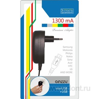      Ginzzu GA-3108UB 5V@1.3A, USB + miniUSB ( )