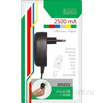      Ginzzu GA-3412UB 5V@2.5A, 2x USB +  microUSB 1.3 ( )